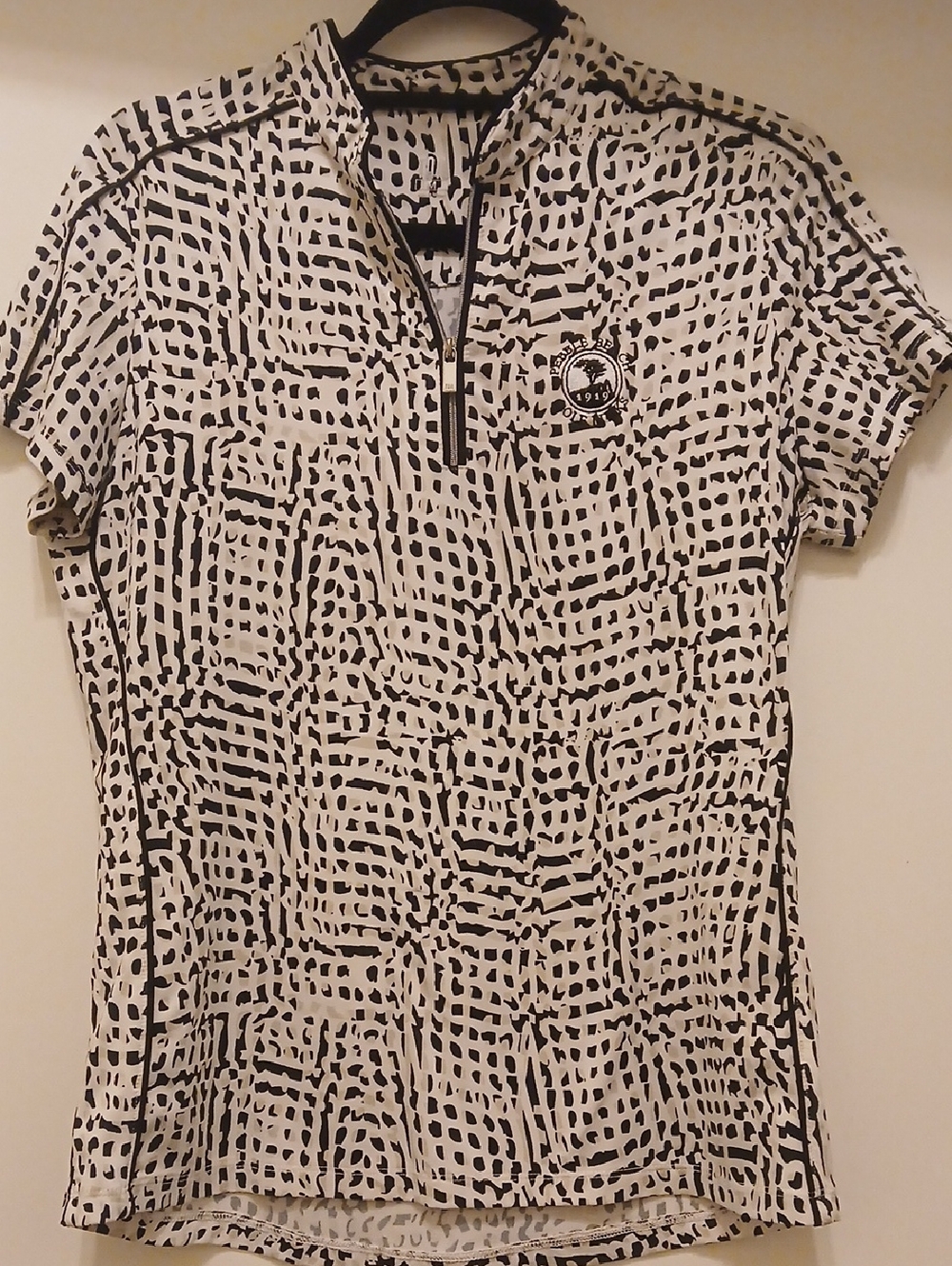 Pebble Beach Women's Short Sleeve Zip Polo Top - Black & White/Beige